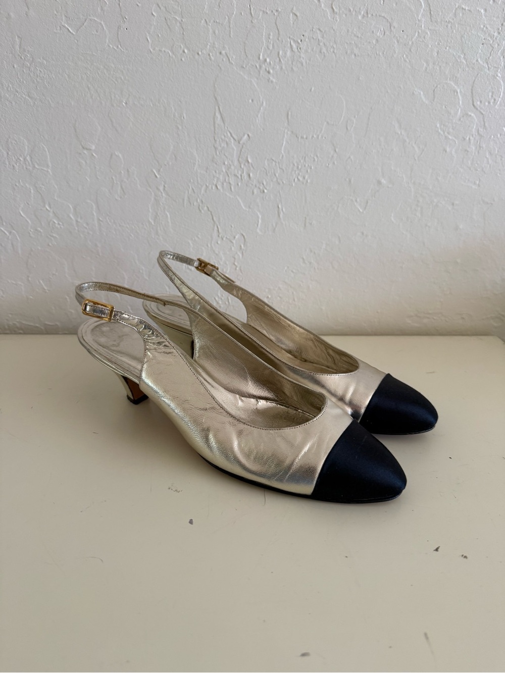 Metallic Slingback Pumps with Black Cap Toe